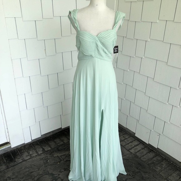 Sequin Hearts Women's Sage Green Off Shoulder Sleeve Chiffon Gown sz Jr's 1 - Picture 3 of 7